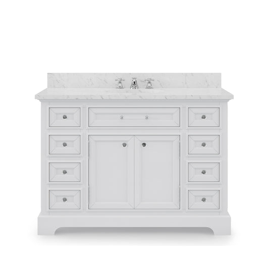 DERBY 48"W x 34"H Pure White Single-Sink Vanity with Carrara White Marble Countertop + Faucet