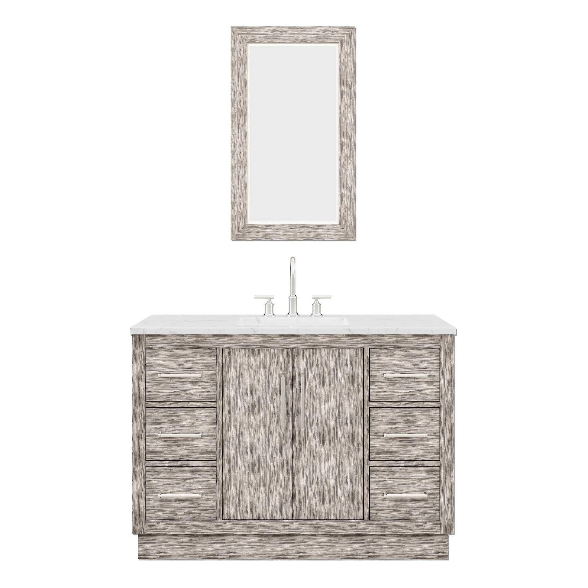 HUGO 48"W x 34.3"H Gray Oak Single-Sink Vanity with Carrara White Marble Countertop + Gooseneck Faucet and Mirror