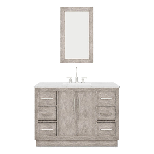 HUGO 48"W x 34.3"H Gray Oak Single-Sink Vanity with Carrara White Marble Countertop + Gooseneck Faucet and Mirror