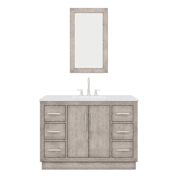 HUGO 48W x 34.3H Gray Oak Single-Sink Vanity with Carrara White Marble Countertop + Gooseneck Faucet and Mirror