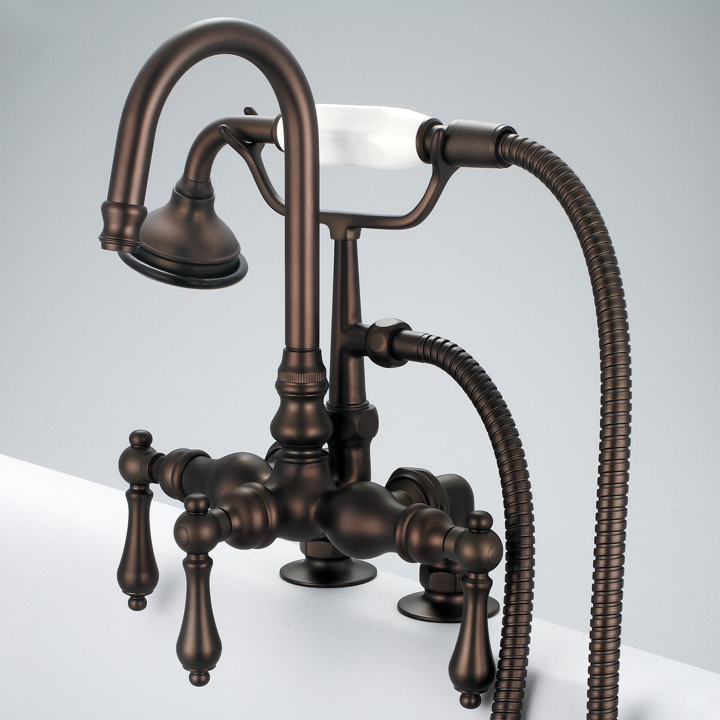 Vintage Classic 3.375" Center Deck Mount Tub Faucet With Gooseneck Spout, 2" Risers & Handheld Shower in Oil Rubbed Bronze Finish, With Metal Lever Handles Without Labels