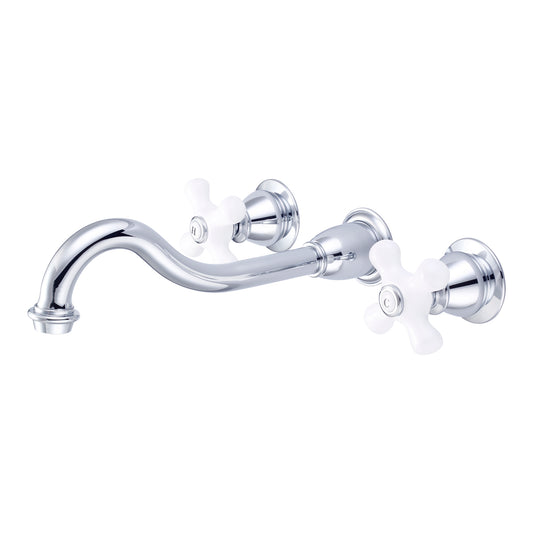 Elegant Spout Wall Mount Vessel/Bathroom Faucets in Chrome Finish, With Porcelain Cross Handles, Hot And Cold Labels Included