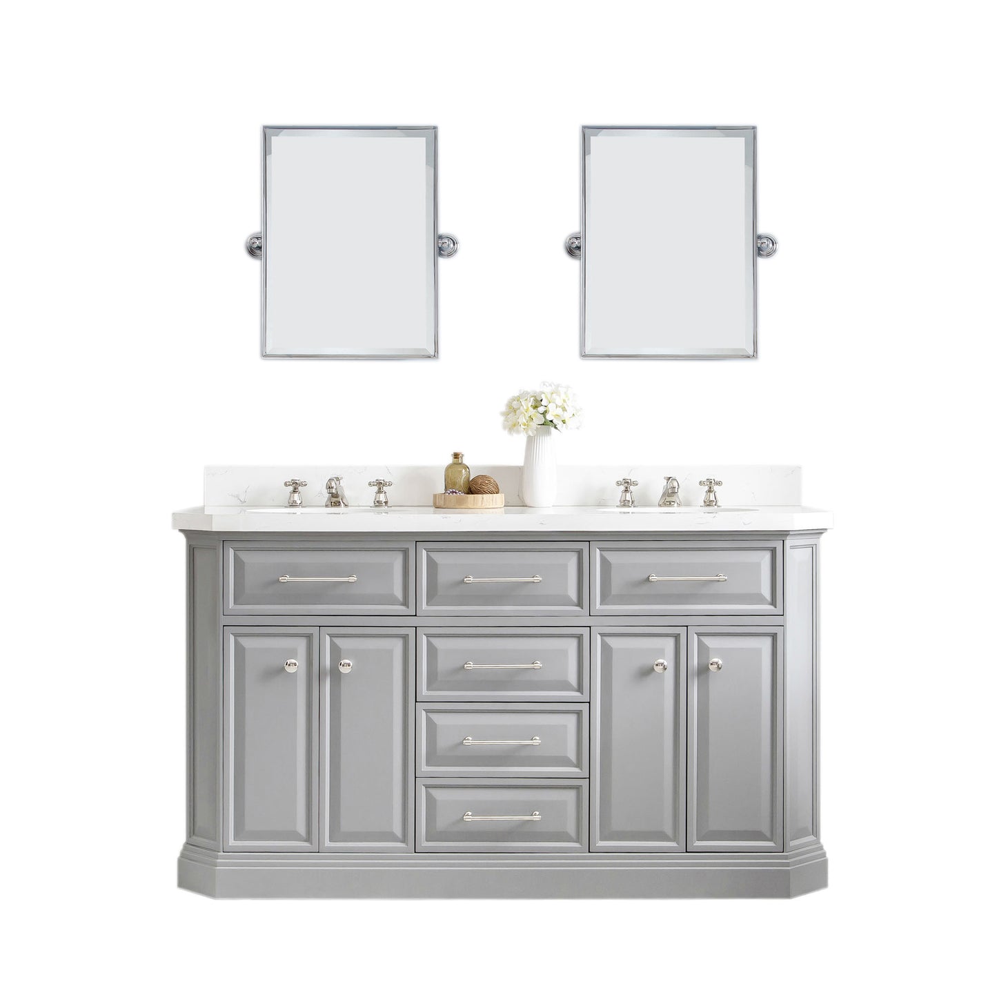 PALACE 60"W x 34"H Cashmere Gray Vanity with Carrara Quartz Countertop + Faucets & Mirror (F2-0009), Polished Nickel Finish Hardware & Mirror