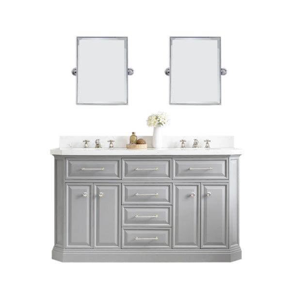 PALACE 60W x 34H Cashmere Gray Vanity with Carrara Quartz Countertop + Faucets & Mirror (F2-0009), Polished Nickel Finish Hardware & Mirror