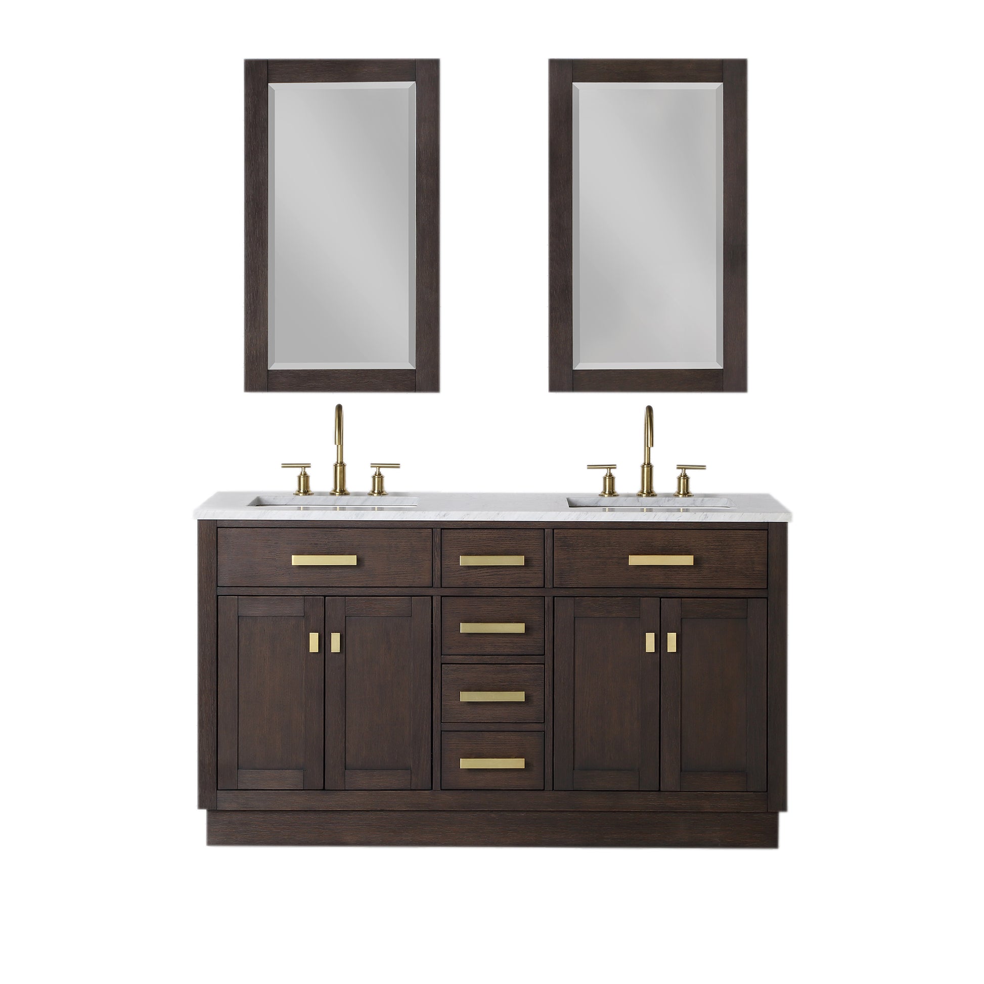 CHESTNUT 60"W x 34.2"H Brown Oak Double-Sink Vanity with Carrara White Marble Countertop + Faucets & Mirrors