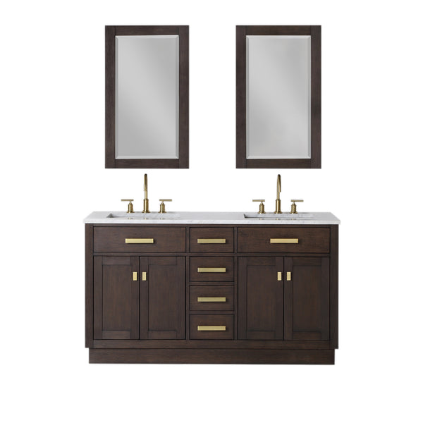 CHESTNUT 60W x 34.2H Brown Oak Double-Sink Vanity with Carrara White Marble Countertop + Faucets & Mirrors