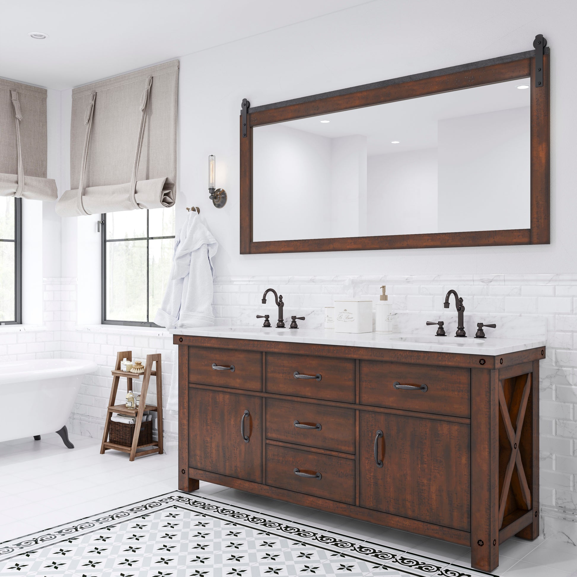 ABERDEEN 72"W x 34"H Sierra Rustic Double-Sink Vanity with Carrara White Marble Countertop + Mirrors