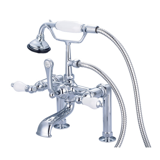 Vintage Classic 7" Spread Deck Mount Tub Faucet With 6" Risers & Handheld Shower in Chrome Finish, With Porcelain Lever Handles Without labels