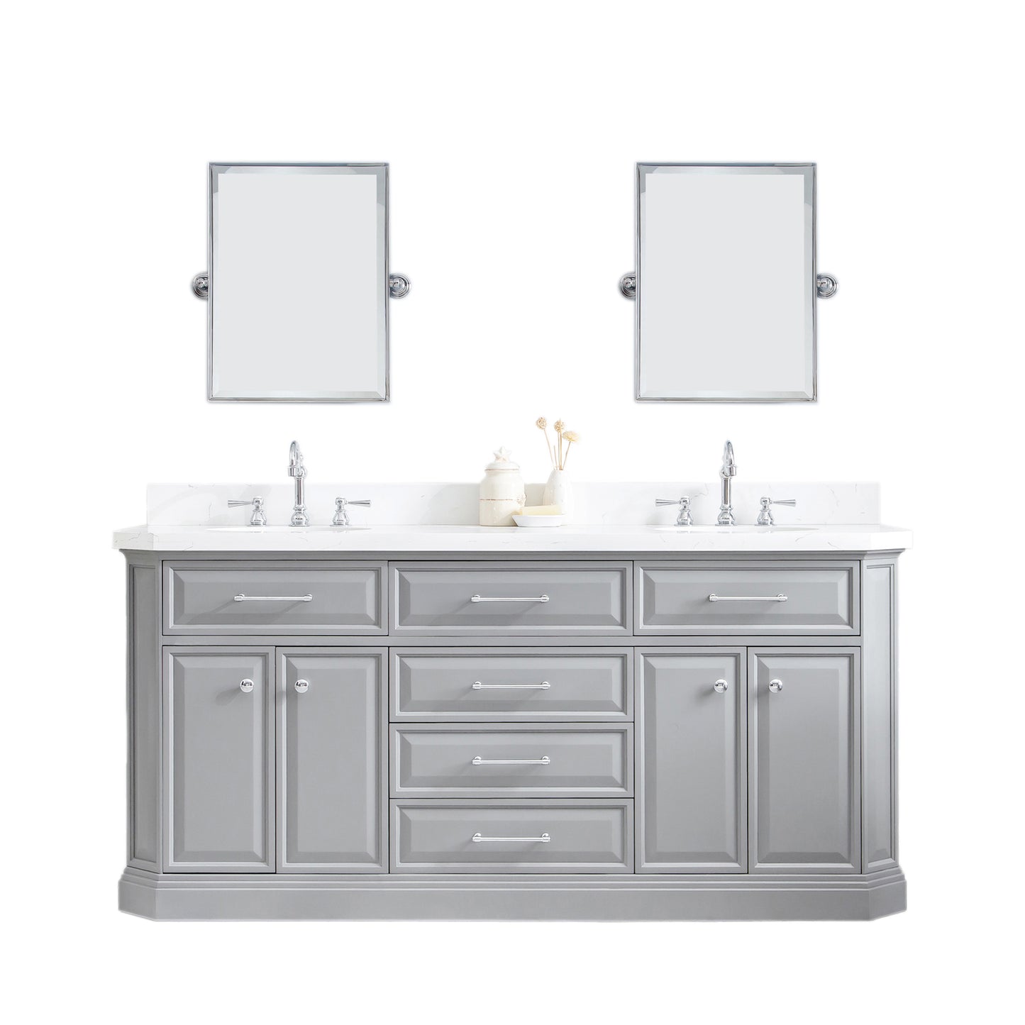 PALACE 72"W x 34"H Cashmere Gray Vanity with Carrara Quartz Countertop + Faucets & Mirror (F2-0012), Chrome Finish Hardware & Mirror