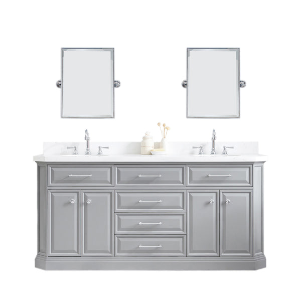 PALACE 72W x 34H Cashmere Gray Vanity with Carrara Quartz Countertop + Faucets & Mirror (F2-0012), Chrome Finish Hardware & Mirror