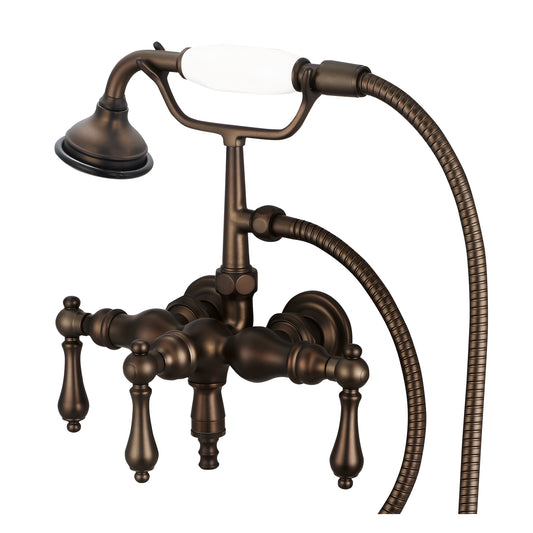 Vintage Classic 3.375" Center Wall Mount Tub Faucet With Down Spout, Straight Wall Connector & Handheld Shower in Oil Rubbed Bronze Finish, With Metal Lever Handles Without Labels