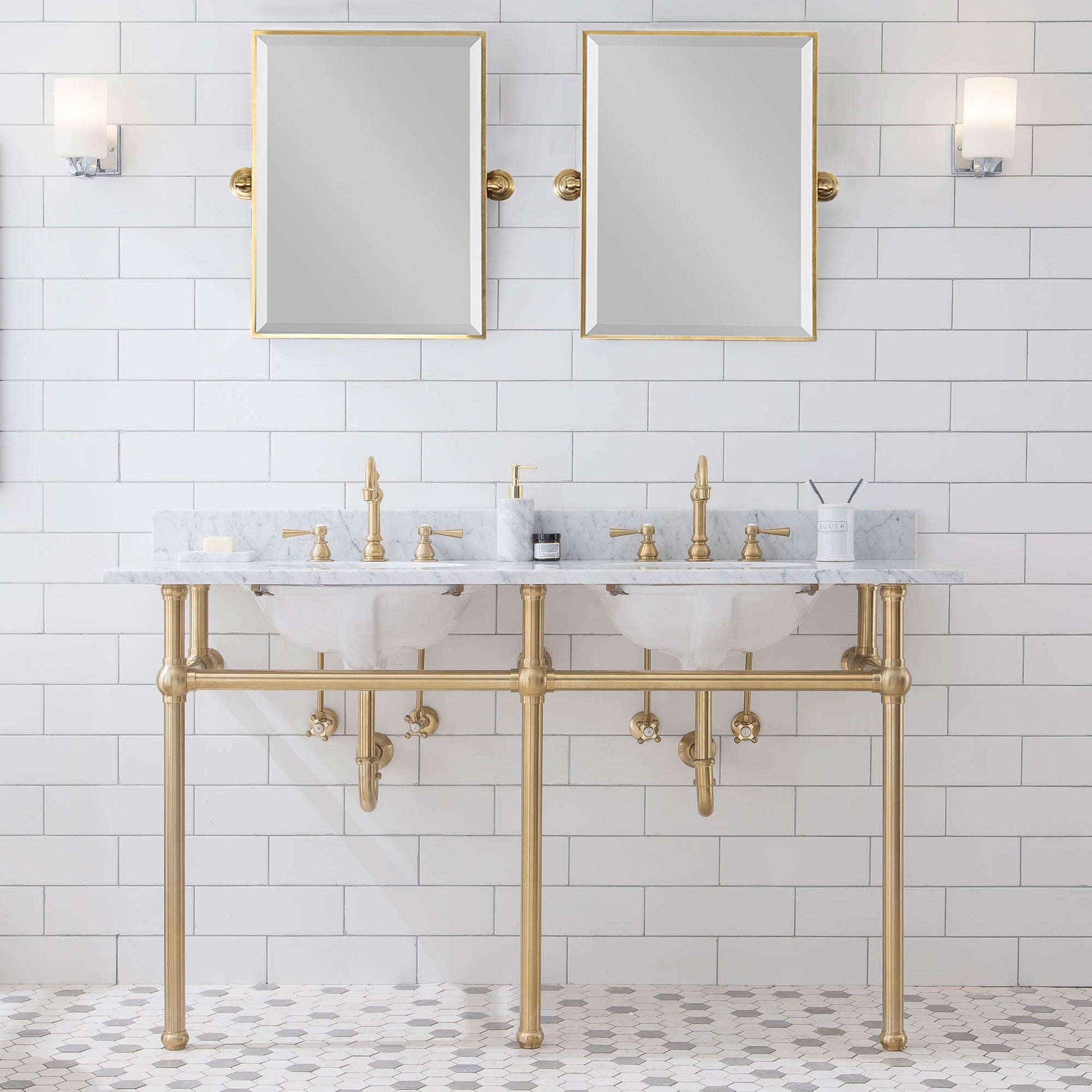 EMBASSY 60"W x 34"H  Double Washstand , P-Trap, and Countertop with Sink included, in Satin Gold Finish