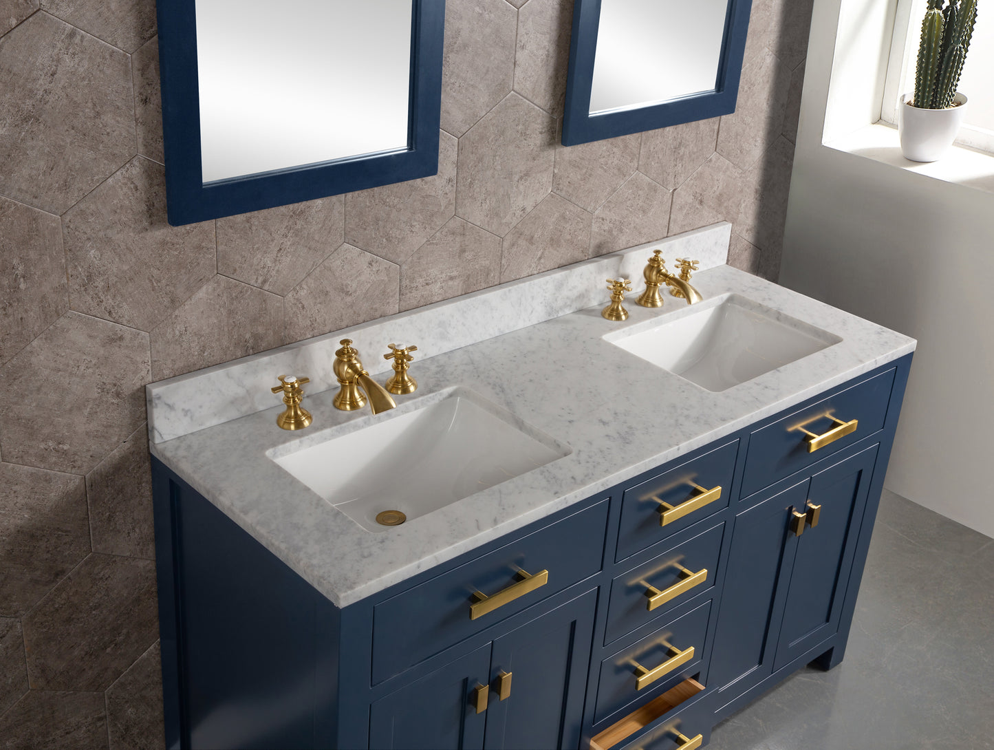 MADISON 60"W x 34"H Monarch Blue Double-Sink Vanity with Carrara White Marble Countertop + Faucets (F2-0013-06-FX)