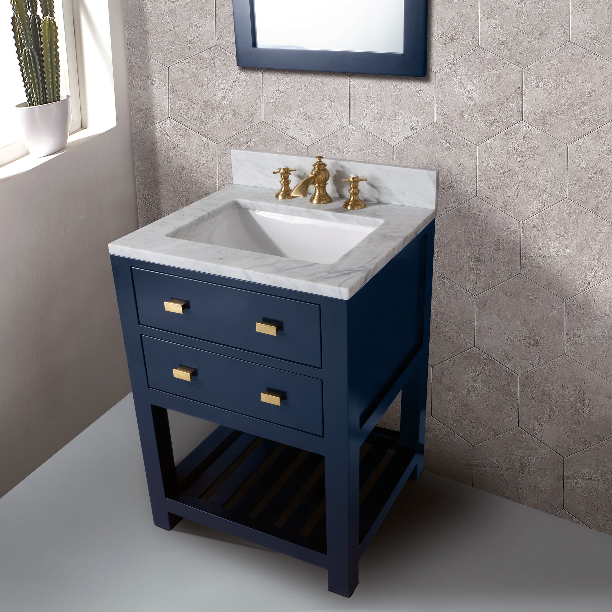 MADALYN 24"W x 34"H Monarch Blue Single-Sink Vanity with Carrara White Marble Countertop + Faucets & Mirror (F2-0013)
