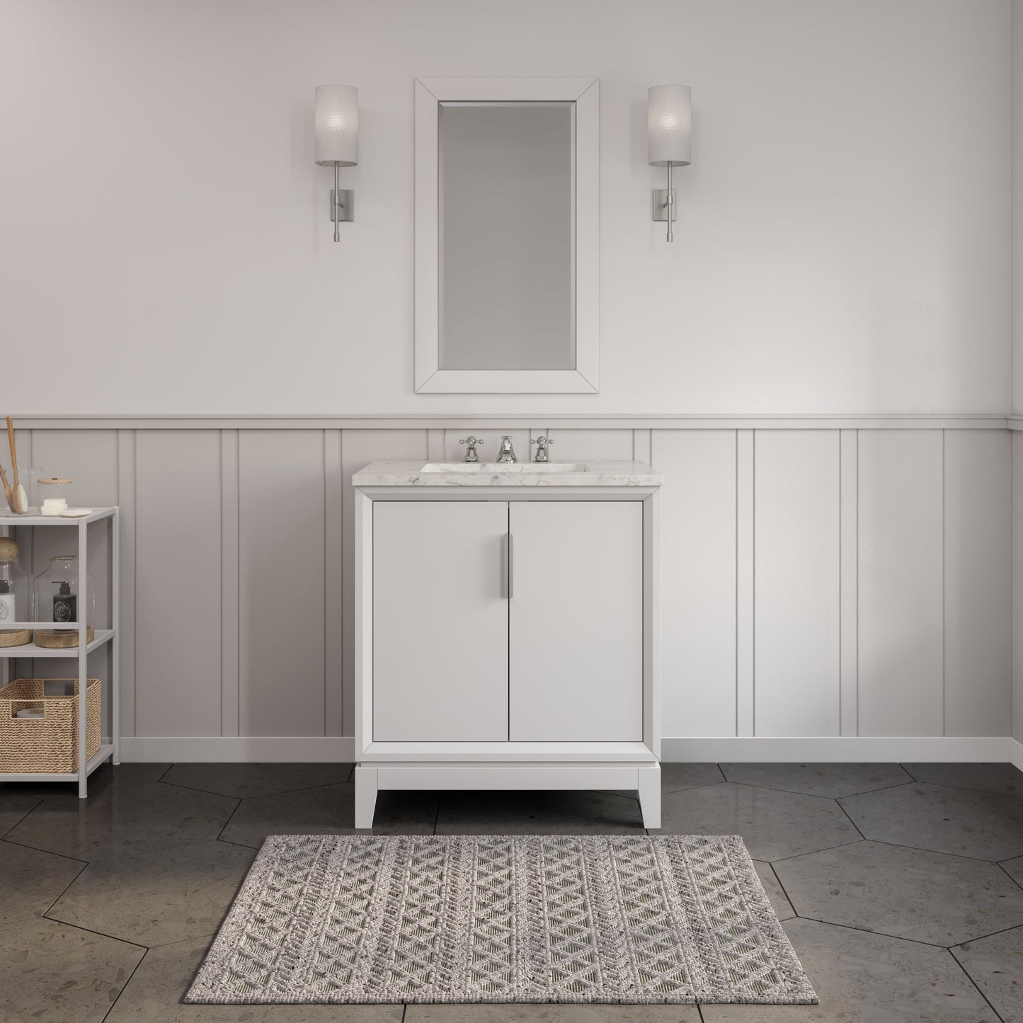 ELIZABETH 30"W x 34.25"H Pure White Single-Sink Vanity with Carrara White Marble Countertop + Faucets & Mirror (F2-0009-01-BX)