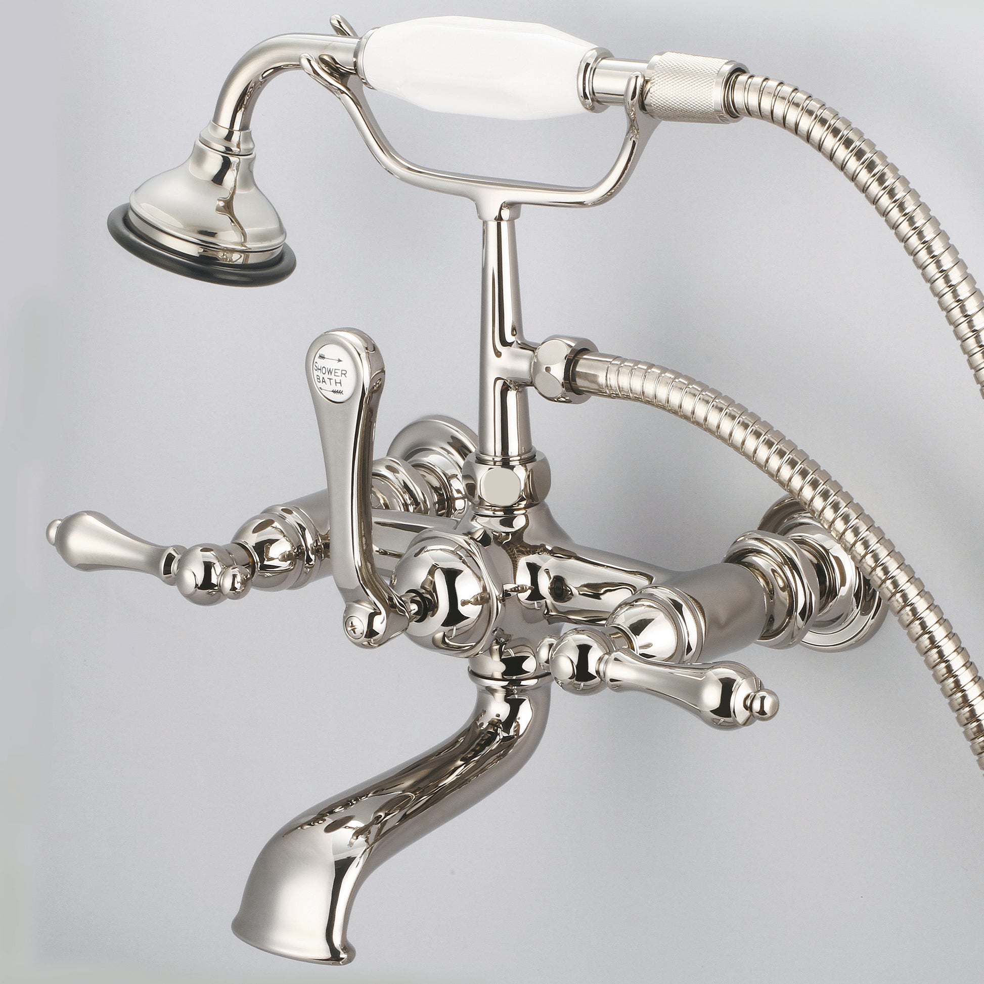 Vintage Classic 7" Spread Wall Mount Tub Faucet With Straight Wall Connector & Handheld Shower in Polished Nickel Finish, With Metal Lever Handles Without Labels