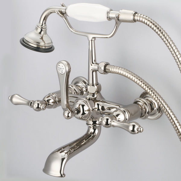 Vintage Classic 7 Spread Wall Mount Tub Faucet With Straight Wall Connector & Handheld Shower in Polished Nickel Finish, With Metal Lever Handles Without Labels