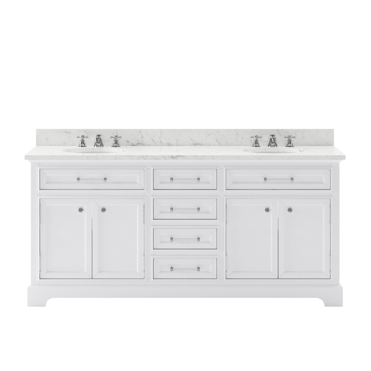 DERBY 72"W x 34"H Pure White Double-Sink Vanity with Carrara White Marble Countertop + Faucet