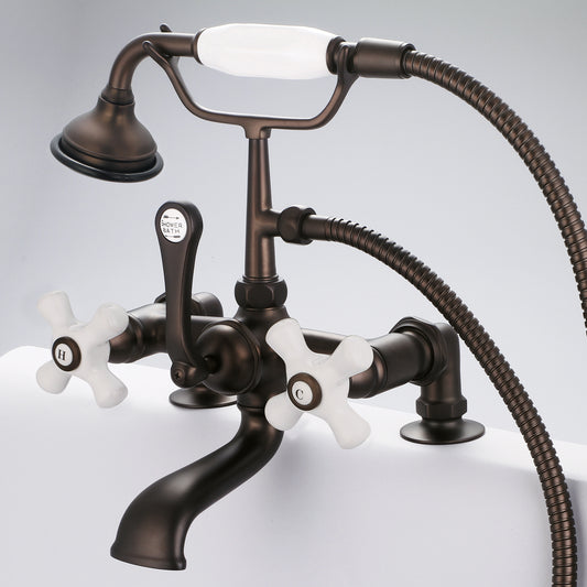 Vintage Classic 7" Spread Deck Mount Tub Faucet With 2" Risers & Handheld Shower in Oil Rubbed Bronze Finish, With Porcelain Cross Handles, Hot And Cold Labels Included