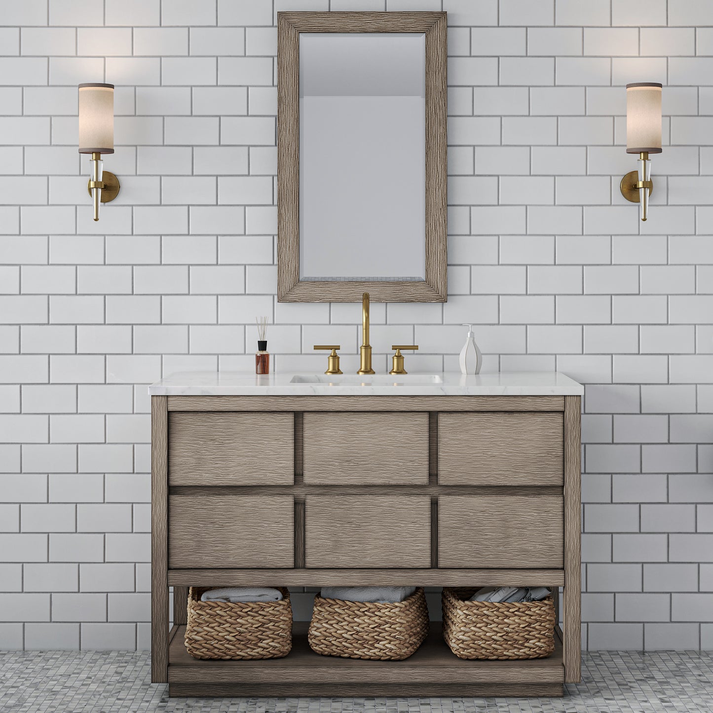 OAKMAN 72"W x 34.3"H Gray Oak Single-Sink Vanity with Carrara White Marble Countertop + Gold Faucets