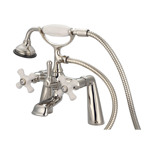 Vintage Classic 7 Spread Deck Mount Tub Faucet With Handheld Shower in Polished Nickel Finish, With Porcelain Cross Handles, Hot And Cold Labels Included