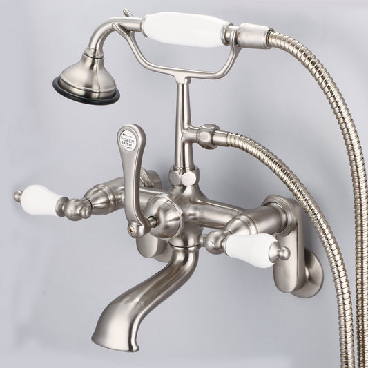 Vintage Classic Adjustable Center Wall Mount Tub Faucet With Swivel Wall Connector & Handheld Shower in Brushed Nickel Finish, With Porcelain Lever Handles Without labels