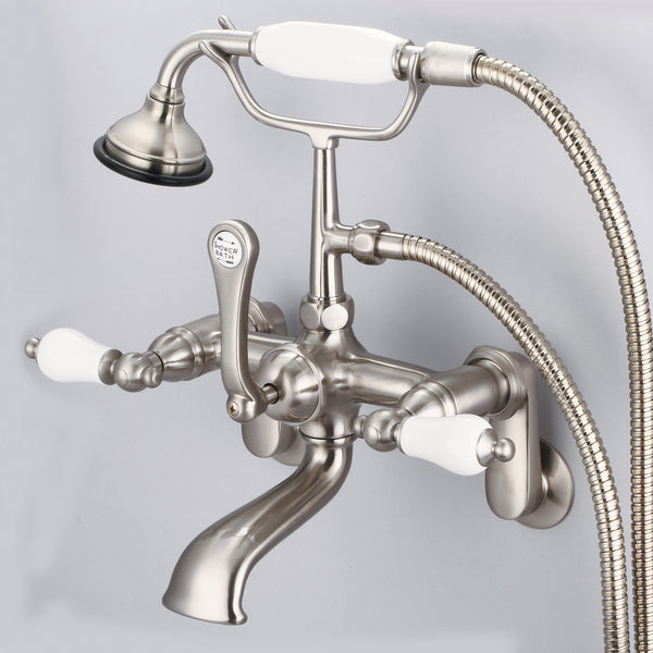 Vintage Classic Adjustable Center Wall Mount Tub Faucet With Swivel Wall Connector & Handheld Shower in Brushed Nickel Finish, With Porcelain Lever Handles Without labels