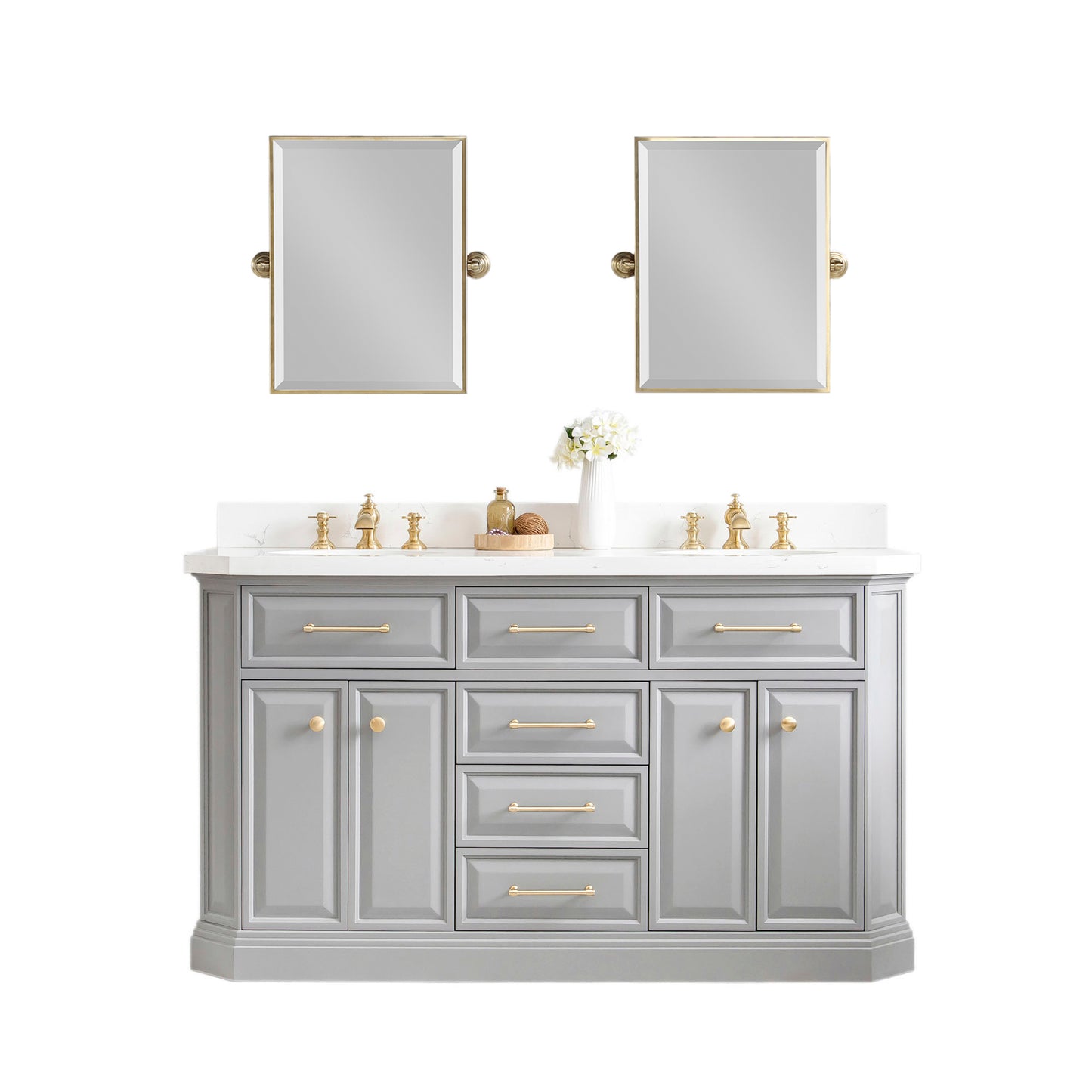 PALACE 60"W x 34"H Cashmere Gray Vanity with Carrara Quartz Countertop + Faucets & Mirrors (F2-0013), Satin Gold Finish Hardware & Chrome Finish Mirror (B)