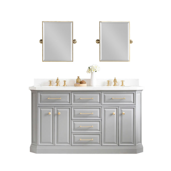 PALACE 60W x 34H Cashmere Gray Vanity with Carrara Quartz Countertop + Faucets & Mirrors (F2-0013), Satin Gold Finish Hardware & Chrome Finish Mirror (B)