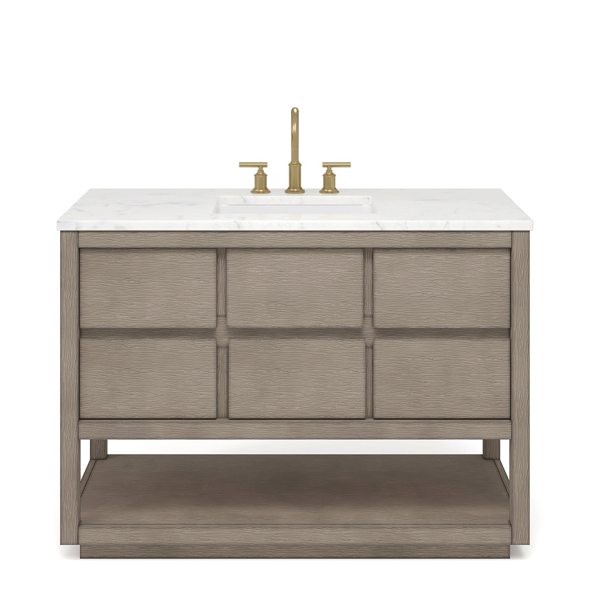 OAKMAN 72"W x 34.3"H Gray Oak Single-Sink Vanity with Carrara White Marble Countertop + Gold Faucets