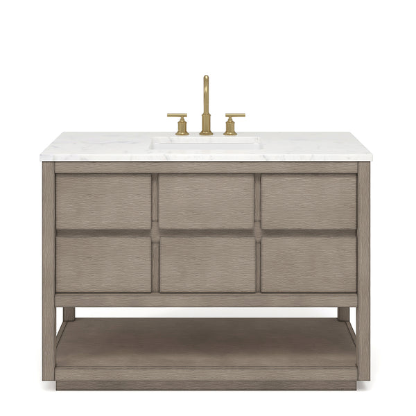 OAKMAN 72W x 34.3H Gray Oak Single-Sink Vanity with Carrara White Marble Countertop + Gold Faucets