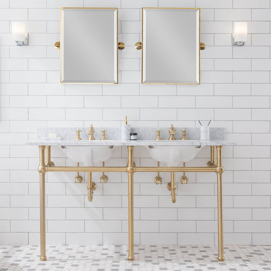 EMBASSY 60"W x 34"H  Double Washstand , P-Trap, Countertop with Sink, F2-0013 Faucet and Mirror included, in Satin Gold Finish