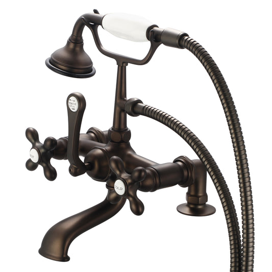 Vintage Classic 7" Spread Deck Mount Tub Faucet With 2" Risers & Handheld Shower in Oil Rubbed Bronze Finish, With Metal Lever Handles, Hot And Cold Labels Included