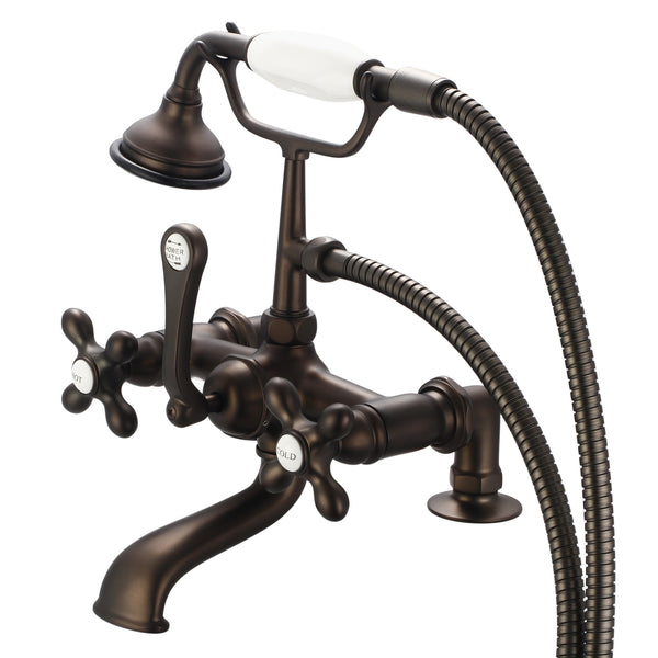 Vintage Classic 7 Spread Deck Mount Tub Faucet With 2 Risers & Handheld Shower in Oil Rubbed Bronze Finish, With Metal Lever Handles, Hot And Cold Labels Included