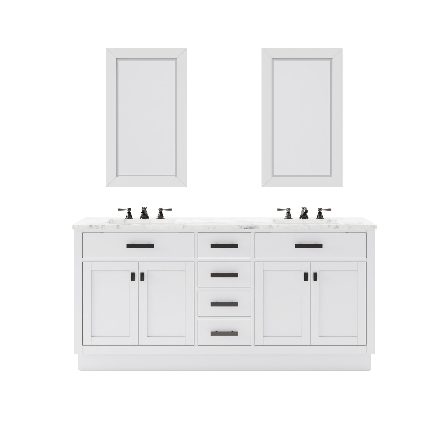 HARTFORD 72"W x 34"H Pure White Double-Sink Vanity with Carrara White Marble Countertop + Classic Faucet and Rectangular Mirror (S)