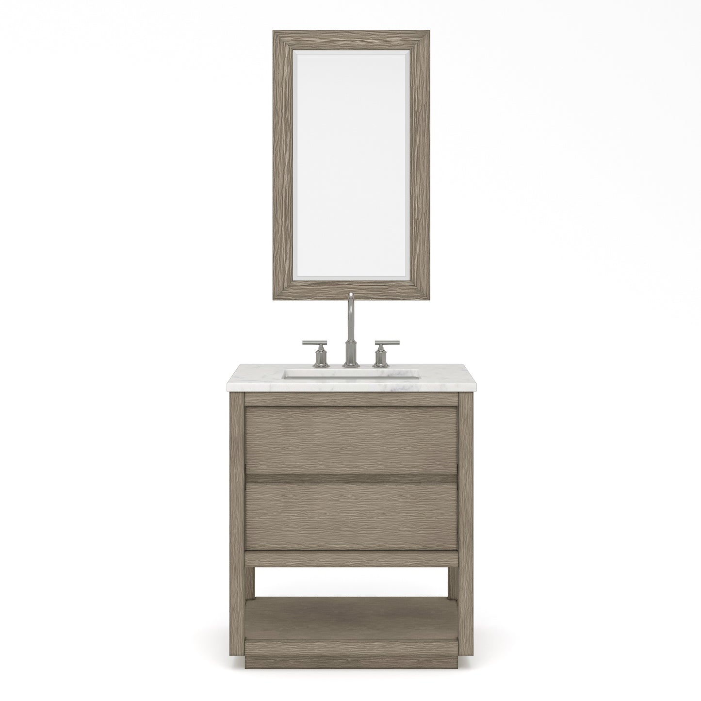 OAKMAN 30"W x 34.3"H Gray Oak Single-Sink Vanity with Carrara White Marble Countertop + Chrome Faucet and Rectangular Mirror