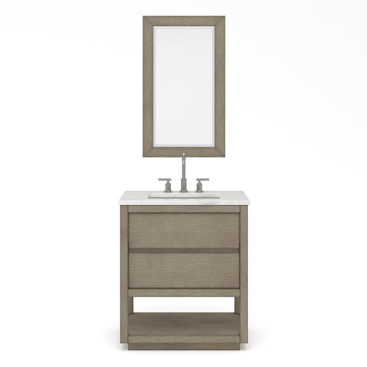 OAKMAN 30"W x 34.3"H Gray Oak Single-Sink Vanity with Carrara White Marble Countertop + Chrome Faucet and Rectangular Mirror