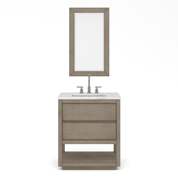 OAKMAN 30W x 34.3H Gray Oak Single-Sink Vanity with Carrara White Marble Countertop + Chrome Faucet and Rectangular Mirror