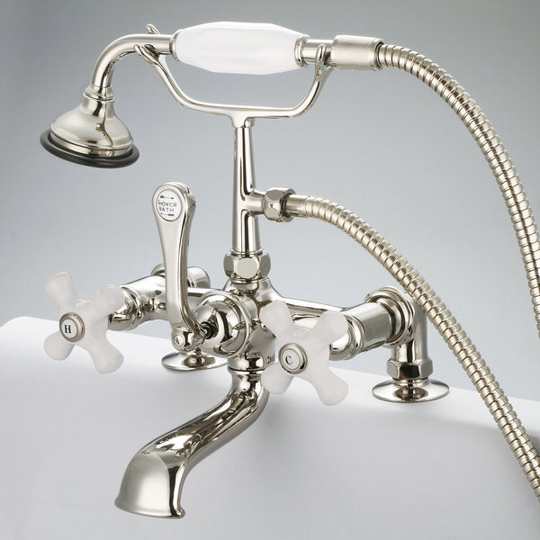 Vintage Classic 7 Spread Deck Mount Tub Faucet With 2 Risers & Handheld Shower in Polished Nickel Finish, With Porcelain Cross Handles, Hot And Cold Labels Included