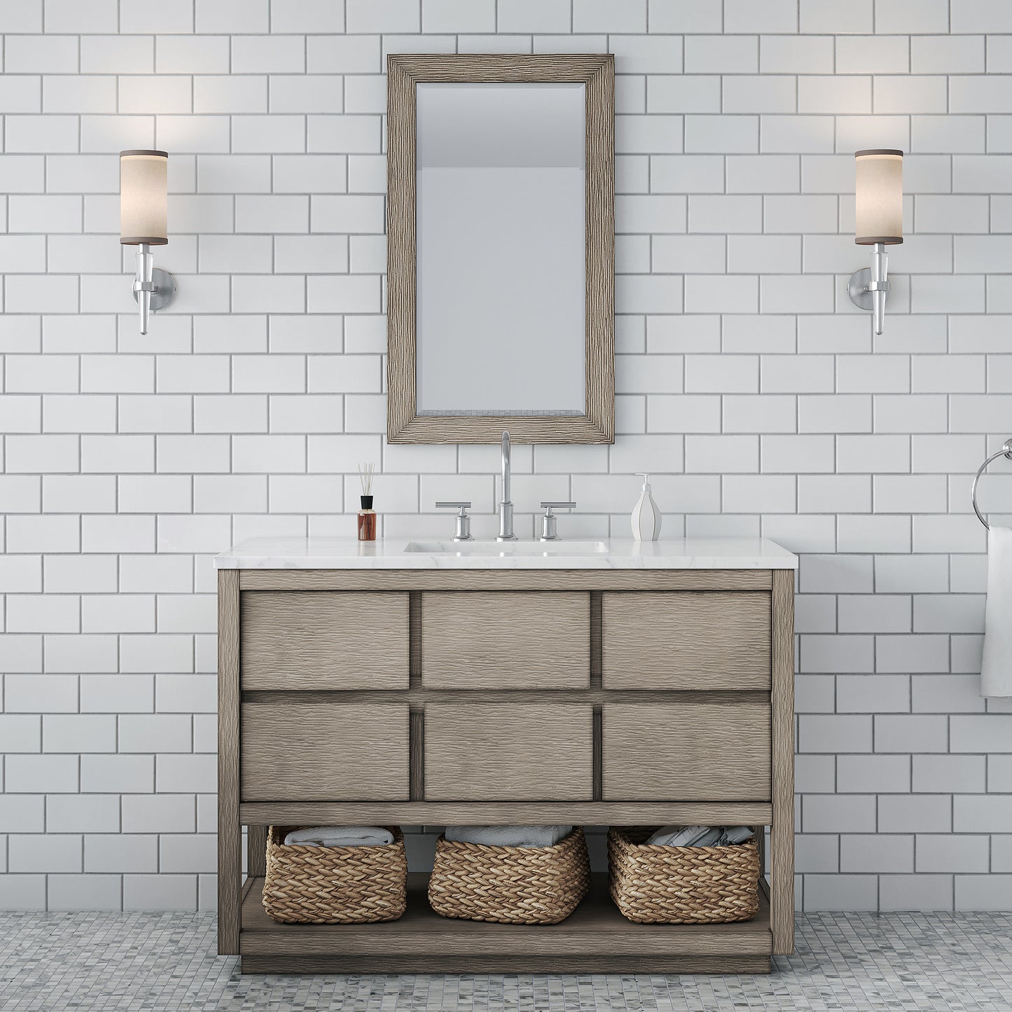 OAKMAN 48"W x 34.3"H Gray Oak Double-Sink Vanity with Carrara White Marble Countertop + Chrome Faucet