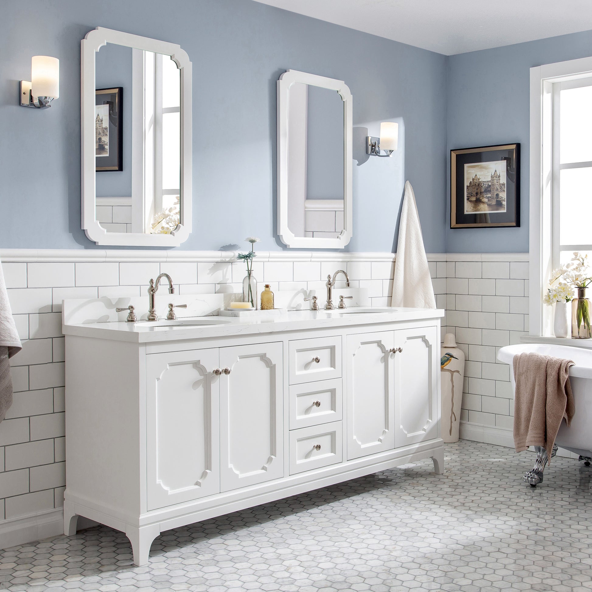 QUEEN 72"W x 34"H Pure White Double-Sink Vanity with Carrara Quartz Countertop + Faucets & Mirror (F2-0012)