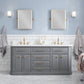 PALACE 72"W x 34"H Cashmere Gray Vanity with Carrara Quartz Countertop + Faucets & Mirrors (F2-0012), Satin Gold Finish Hardware & Chrome Finish Mirror  (A)