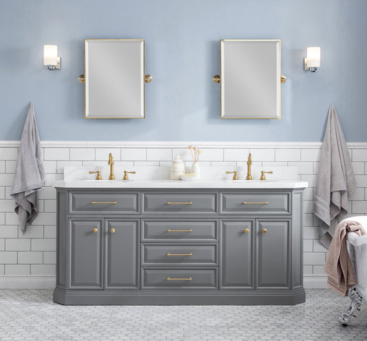 PALACE 72"W x 34"H Cashmere Gray Vanity with Carrara Quartz Countertop + Faucets & Mirrors (F2-0012), Satin Gold Finish Hardware & Chrome Finish Mirror  (A)