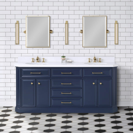 PALACE 72"W x 34.2"H Monarch Blue Double-Sink Vanity with White Quartz Countertop + Faucets (Waterfall Faucets)