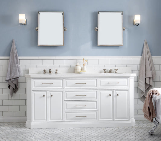 PALACE 72"W x 34"H Pure White Vanity with Carrara Quartz Countertop + Mirror, Polished Nickel Finish Hardware & Mirror