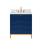 BRISTOL 30"W x 34"H Monarch Blue Single-Sink Vanity with Carrara White Marble Countertop + Satin Gold Hook Faucet