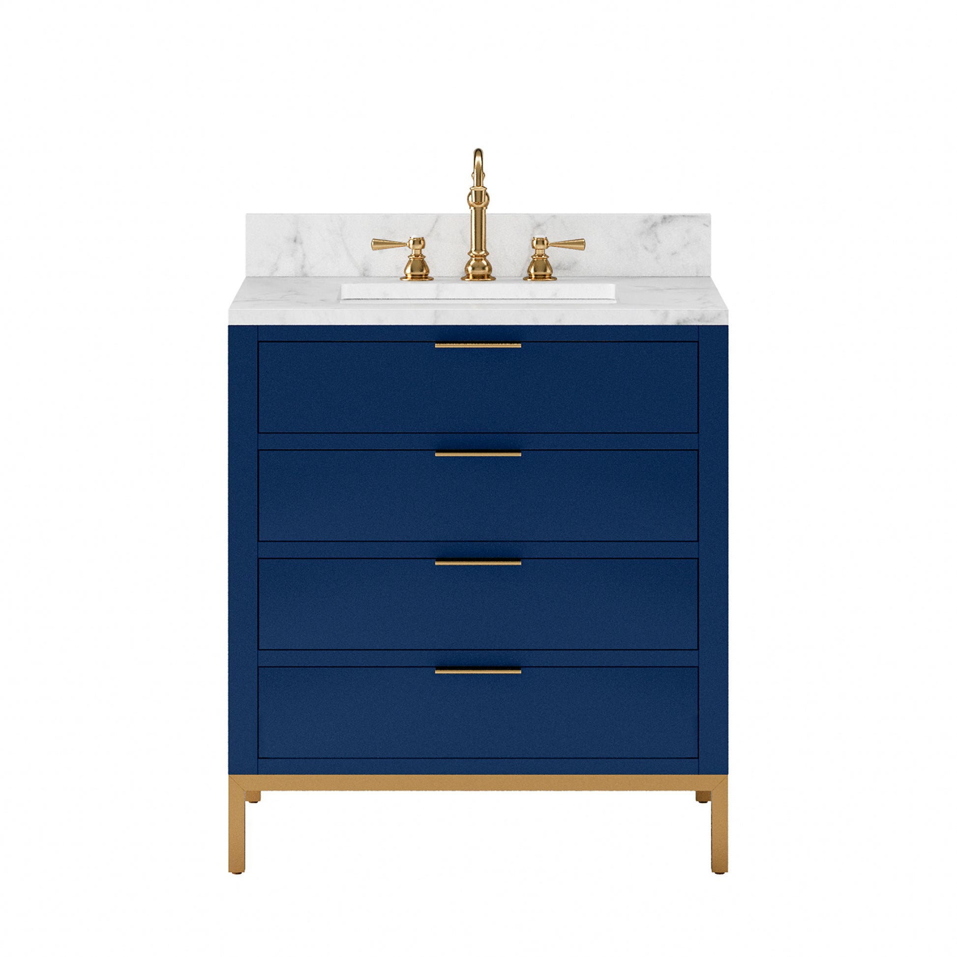 BRISTOL 30"W x 34"H Monarch Blue Single-Sink Vanity with Carrara White Marble Countertop + Satin Gold Hook Faucet