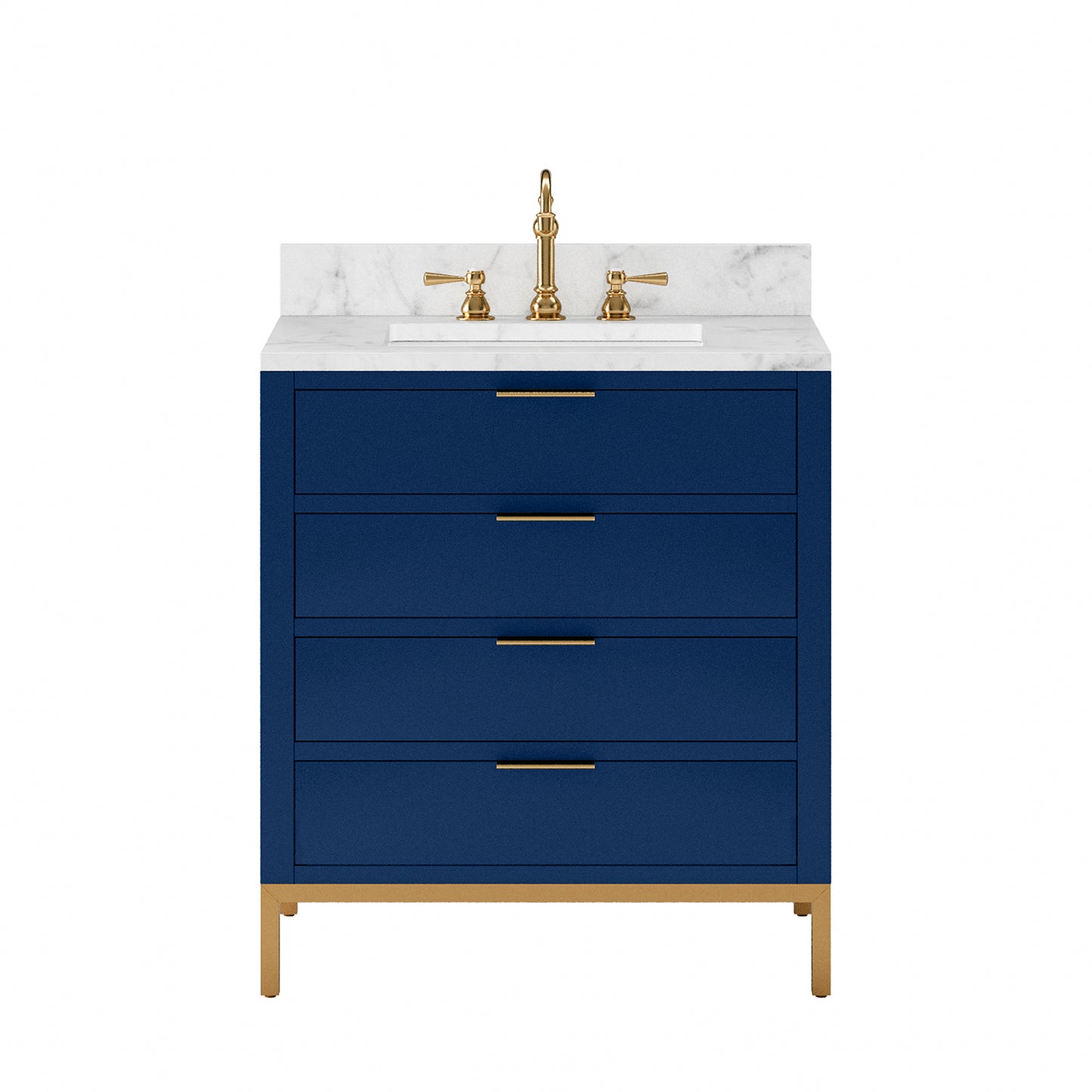 BRISTOL 30"W x 34"H Monarch Blue Single-Sink Vanity with Carrara White Marble Countertop + Satin Gold Hook Faucet