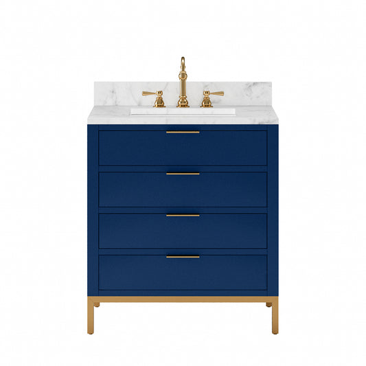 BRISTOL 30"W x 34"H Monarch Blue Single-Sink Vanity with Carrara White Marble Countertop + Satin Gold Hook Faucet