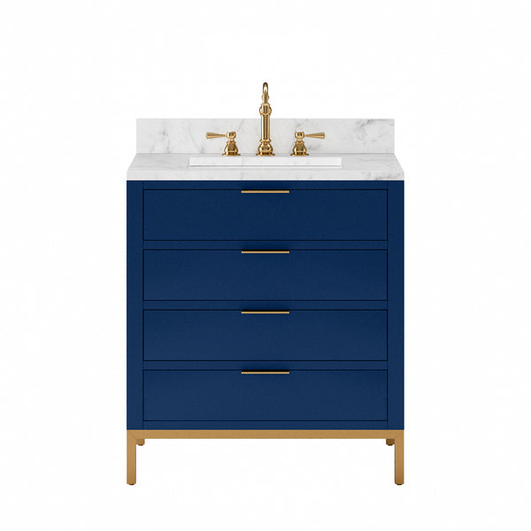 BRISTOL 30W x 34H Monarch Blue Single-Sink Vanity with Carrara White Marble Countertop + Satin Gold Hook Faucet